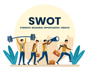 SWOT Elements concept with Team Members Representing Strategy.