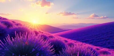 Fototapeta premium Golden Sunlight Bathes Vibrant Lavender Fields, Tranquil Rolling Hills Landscape, Idyllic Serenity, Perfect for Relaxation and Peaceful Escape