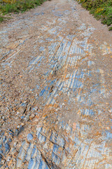 A rugged dirt path winds through a natural landscape, showcasing vibrant layers of rock and earth