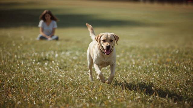 Um ador&aacute;vel filhote de Golden Retriever jovem corre alegremente pela grama verde do parque durante um retrato de ver&atilde;o na natureza