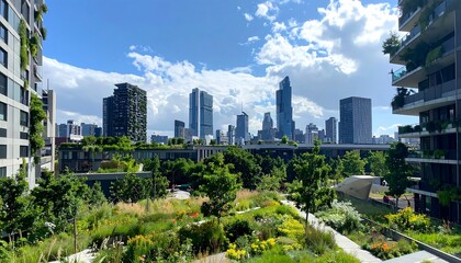 Fototapeta premium Eco-conscious city, green roofs, vertical gardens