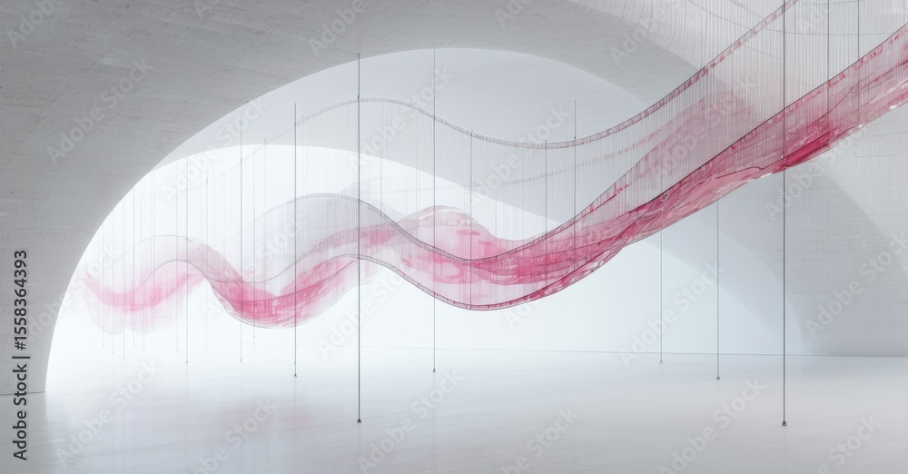 Poster Installation features flowing red strands suspended within arched concrete space. Minimalist aesthetic, soft light creates ethereal effect.