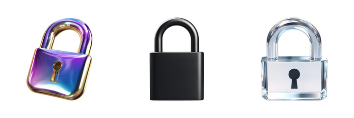 Fototapeta premium Colorful, Black, And Padlocks Set. Security And Privacy Concepts Collection Isolated On Transparent Background