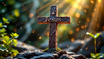an outdoor setting with a prominent cross made of natural materials such as wood and plants
