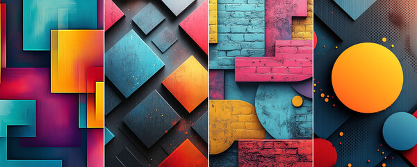 Abstract geometric collage featuring vibrant squares, circles, and brick textures in a modern, artistic composition.