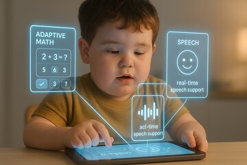 Child Using Tablet with AR Learning Overlays for Math and Speech in Inclusive AI Classroom