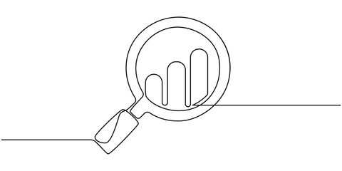 Continuous one line drawing of increasing up arrows bar graph and magnifying glass. Search. Hand drawn one line vector. Editable stroke, continuous line magnifying glass and bar graph business.