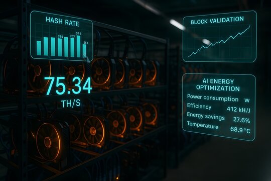 Crypto Mining GPUs with Neon HUD Showing Hash Rate, Block Validation, and AI Energy Optimization in Data Center - Powered by Adobe
