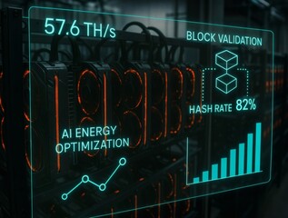 Neon Crypto Mining Data Center with GPU Rigs and Floating AI Blockchain Interface Showing Hash Rate and Energy Optimization