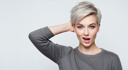 Woman with platinum blonde pixie haircut touching hair with hand on gray background. Short hair styling demonstration for salon pixie cutting and bleaching services