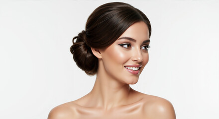 Woman with elegant low twisted chignon updo hairstyle profile view on white background. Formal hair styling demonstration for salon bridal and special occasion services