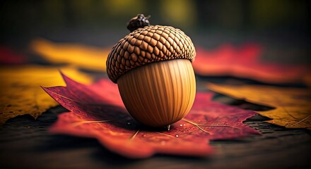 Close-up view of a single acorn resting on vibrant autumn leaves, showcasing intricate details and autumnal colors.