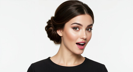 Woman with brown hair in elegant low side bun updo on white background. Classic formal hairstyle with face framing pieces for wedding and special occasion styling