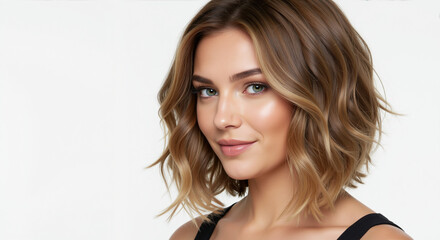 Woman with shoulder length wavy brown hair with caramel highlights on white background. Hair coloring and texturing demonstration for salon balayage and wave styling services