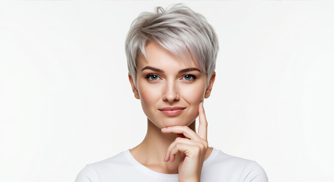 Woman with platinum silver pixie cut touching chin with finger on white background. Short ash blonde hairstyle with side swept styling for modern salon services