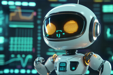 Futuristic robot with digital visor and retro-style neon lights in data visualization background, generative ai