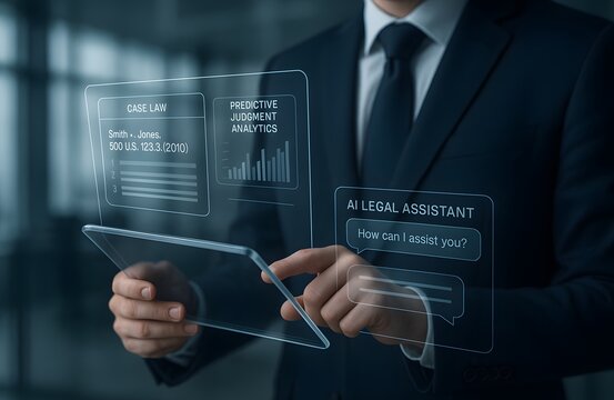 Lawyer Using AI Legal Assistant with Holographic Case Law Interface in Futuristic Office
