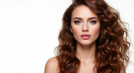 Fototapeta premium Woman with long wavy brown hair with copper highlights on white background. Hair coloring and styling demonstration for salon balayage and highlighting services