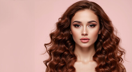 Woman with long wavy brown hair with copper highlights on pink background. Hair coloring and styling demonstration for salon balayage and highlighting services