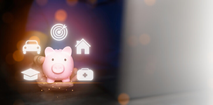 Insurance concept, life technology, family, health and finance. Man using laptop and holding piggy bank in hand planning insurance and warranty risk management, real estate, car and finance. - Powered by Adobe