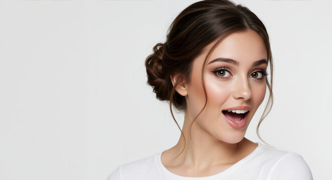 Woman with brown hair in elegant side bun updo with face framing strands on white background. Classic formal hairstyle for wedding and special occasion styling services