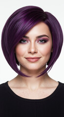 Fototapeta premium Woman with purple asymmetrical bob haircut and matching eyeshadow on white background. Vibrant violet hairstyle with angled cut for salon transformation and color services