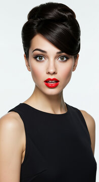 Woman with black hair in elegant high beehive updo and red lipstick on white background. Classic retro hairstyle with volume for formal styling and vintage beauty