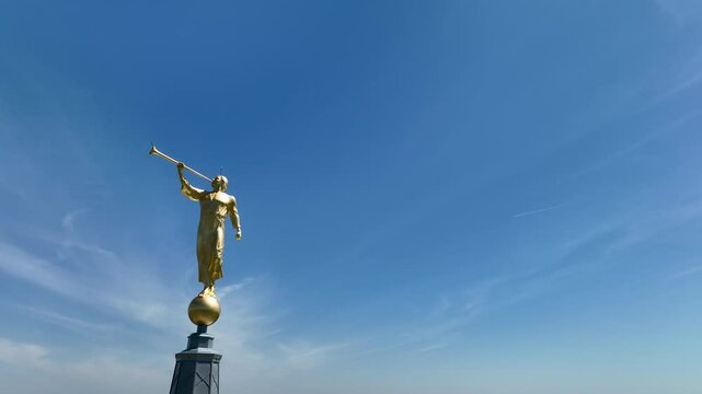 Aerial LDS Temple Richmond Virginia Angel Moroni steeple slide. The Church of Jesus Christ of Latter-day Saints, LDS, Mormon Church. Christian religion. Spiritual sacred church. Urban neighborhood