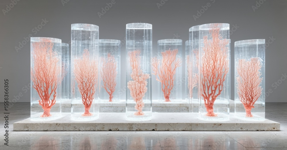 Poster coral specimens displayed within clear cylindrical containers. installation rests upon light gray ba