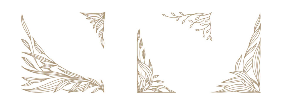 Floral frame in line art style set. Hand drawn botanical decoration corners with flowers and leaves. Vector vintage illustration for poster, social media, packaging, wedding invitation, card 