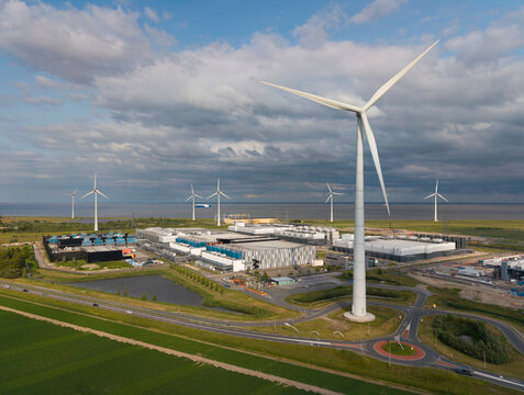 Wind turbines near datacenter in Eemshaven, the Netherlands