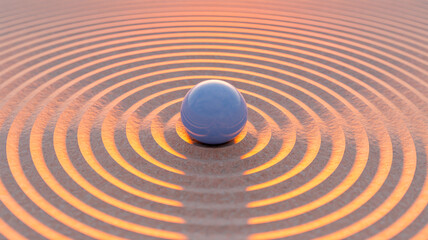 Naklejka premium A close-up macro photograph of a blue spherical marble resting on a textured surface with concentric circular ripples.