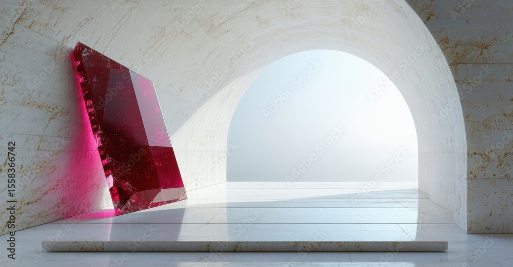 Poster minimalist scene. red crystal structure rests within arched marble corridor. bright light emanates f