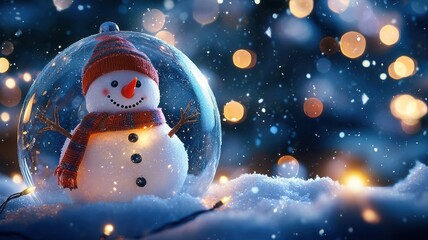 Christmas bauble containing a smiling snowman wearing a red hanging and scarf, with against a blurred snowy background hat bokeh lights