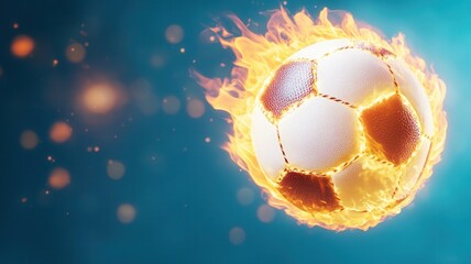 Fiery soccer ball soaring, engulfed sports flames against teal backdrop, sparking dynamic imagery in