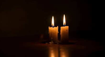 Two burning candles on dark background