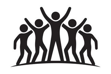 Team of five people celebrating success, isolated on white background