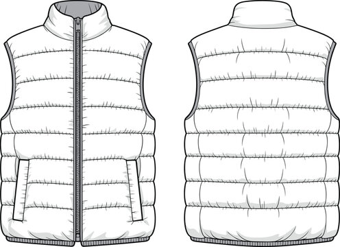 Padded Puffer Vest: Technical fashion flat sketch, front and back views, sleeveless outerwear design with zipper, warm and versatile clothing template for layering
