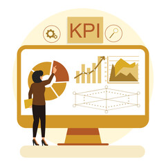 Businesswoman Analyzing Data and Key Performance Indicators on a Monitor.