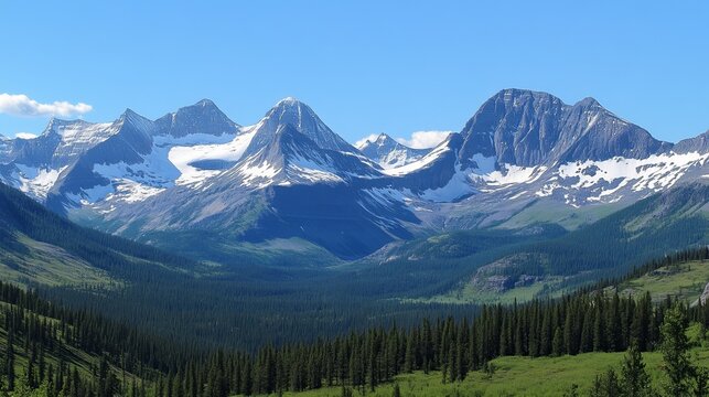 Majestic snow-capped peaks rise above a verdant valley, showcasing a breathtaking panorama of rugged mountains and lush greenery under a clear blue sky