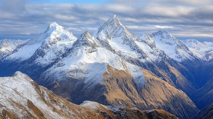 Naklejka premium Majestic snow-capped peaks rise above autumnal valleys under a partly cloudy sky. A breathtaking panoramic view of a mountain range