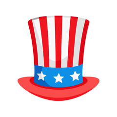 Colored vector icon of a patriotic Uncle Sam hat with red and white stripes, symbolizing Independence Day celebrations USA and American pride