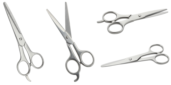 Silver scissors in various positions on a transparent background  