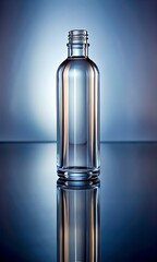 Empty clear glass bottle with reflection on blue surface