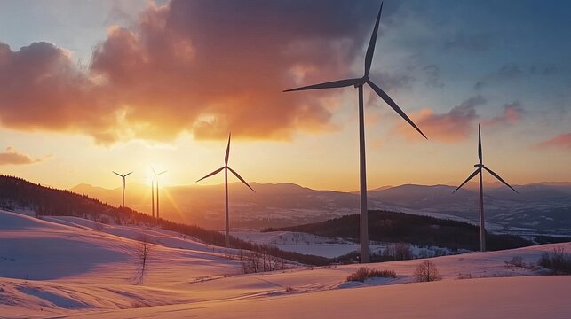 Majestic sunset over snow-covered hills with several wind turbines generating clean energy - Powered by Adobe