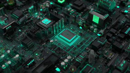 Fototapeta premium 3D green neon dark digital layout The motherboard