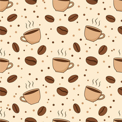 A cozy seamless pattern features steaming coffee cups, roasted coffee beans, and scattered dots in a warm brown color palette on a light cream background. Vector Patterns
