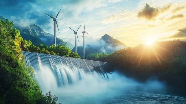 Majestic waterfall cascading from a dam, with wind turbines against a vibrant sunset backdrop of mountains and lush greenery