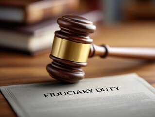 A wooden judge's gavel rests on a document titled "Fiduciary Duty" symbolizing legal responsibility and trust.