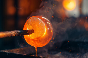 Glass Blowing in Factory with Molten Glass in Artisan Process, Generative AI